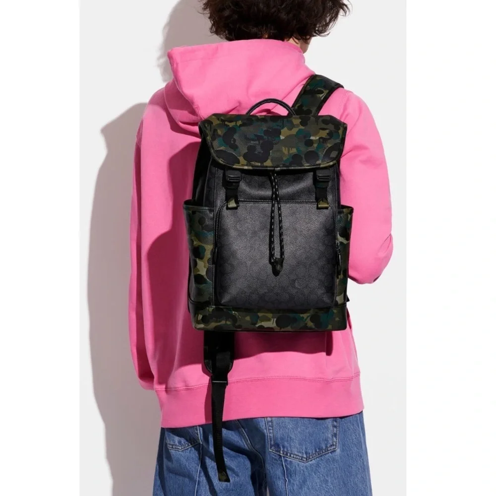 Coach League Flap Backpack In Signature Canvas Charcoal With Camo Print NWT